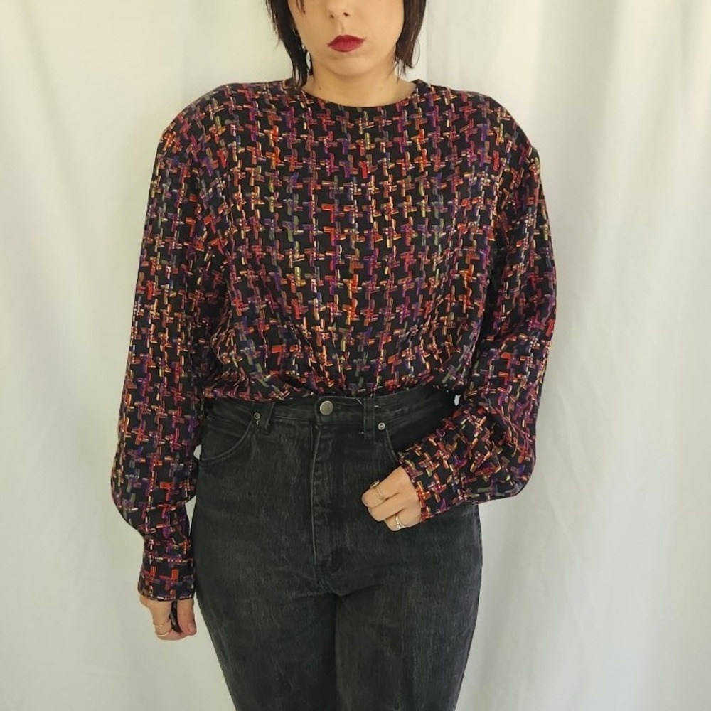 80s/90sâ Black, Red, Purple, and Green Printed Silk Blouse